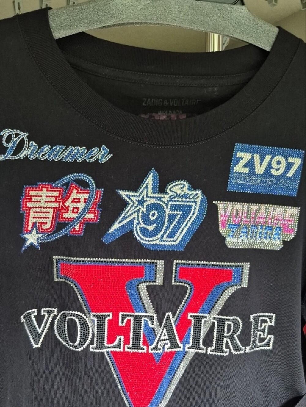 Zadig & Voltaire Cropped Black Tee Blue and Silver Rhinestone Logo SM